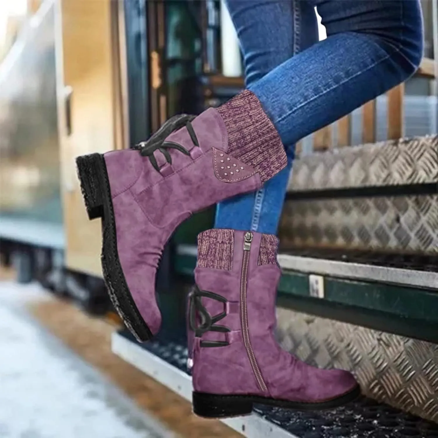 AMDBEL Boots for Women Fashion Dressy, Snow Boots for Women Fur Lined Round Toe Boots Square Heel Outdoor Mid Calf Boots