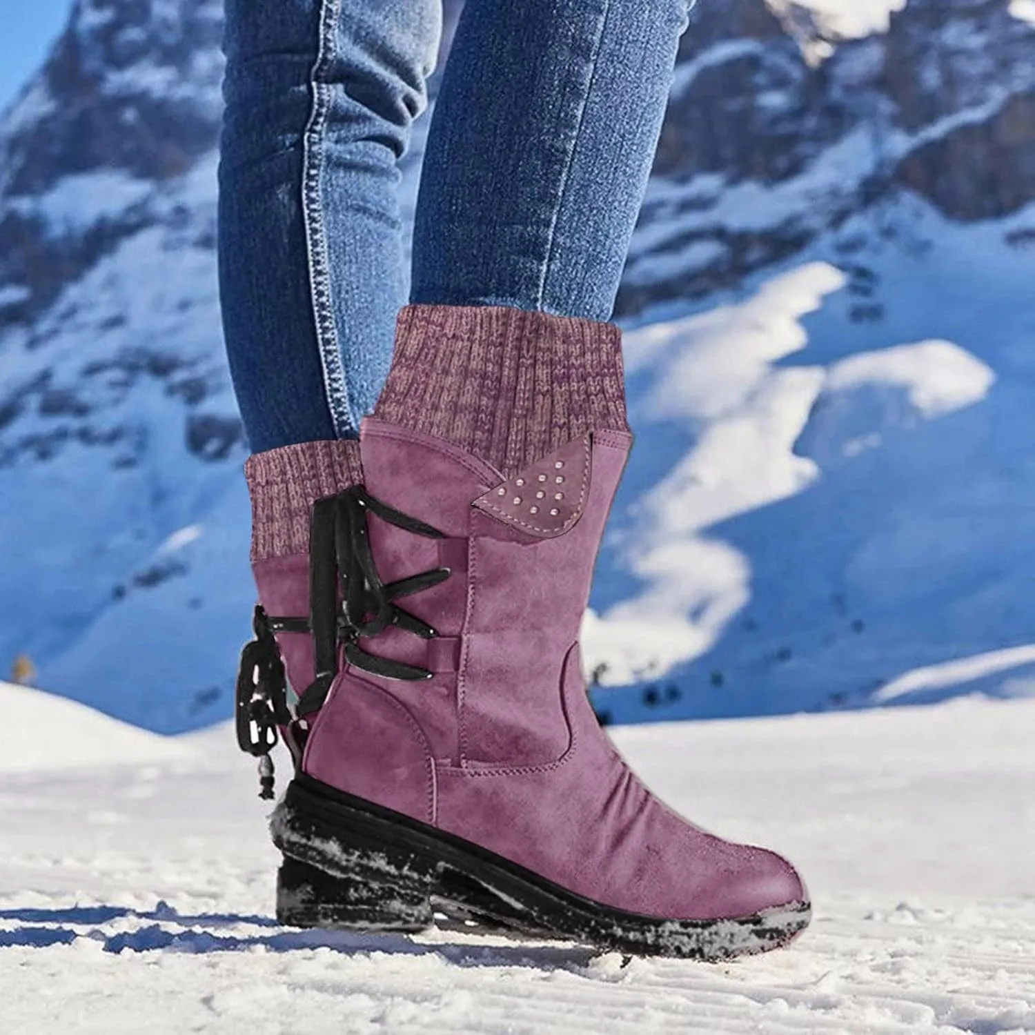 AMDBEL Boots for Women Fashion Dressy, Snow Boots for Women Fur Lined Round Toe Boots Square Heel Outdoor Mid Calf Boots