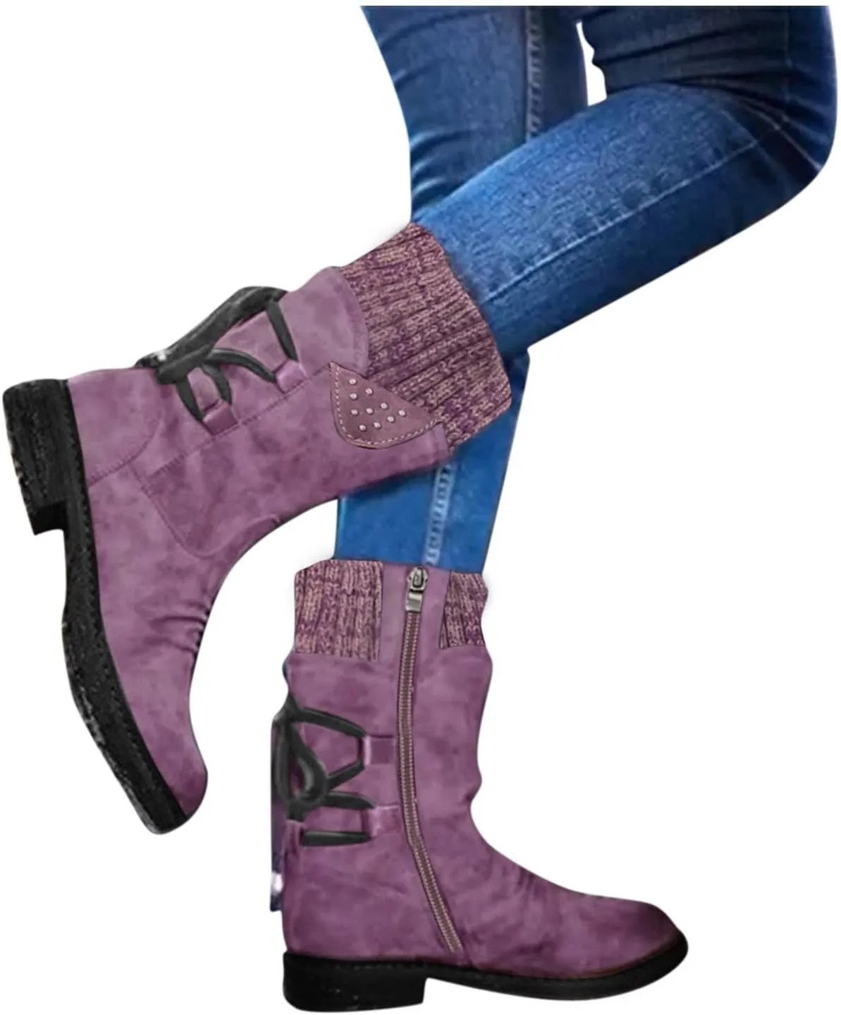 AMDBEL Boots for Women Fashion Dressy, Snow Boots for Women Fur Lined Round Toe Boots Square Heel Outdoor Mid Calf Boots