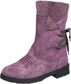 AMDBEL Boots for Women Fashion Dressy, Snow Boots for Women Fur Lined Round Toe Boots Square Heel Outdoor Mid Calf Boots