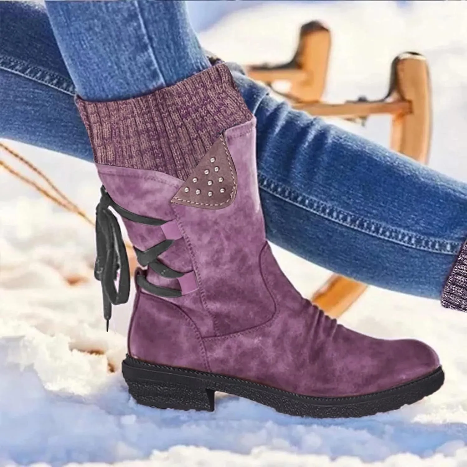 AMDBEL Boots for Women Fashion Dressy, Snow Boots for Women Fur Lined Round Toe Boots Square Heel Outdoor Mid Calf Boots