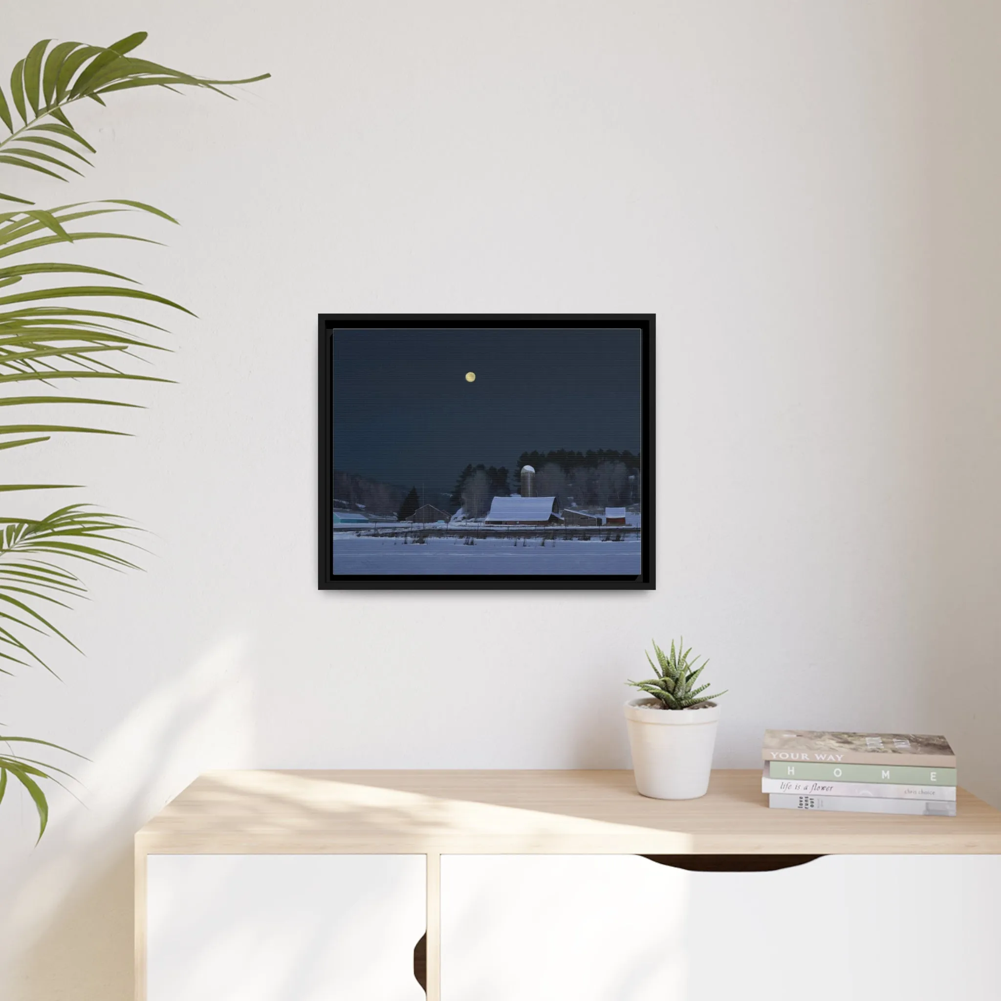 Ben Bauer: "Moonset, 7 Minutes to Sun Up" - Framed Canvas Reproduction