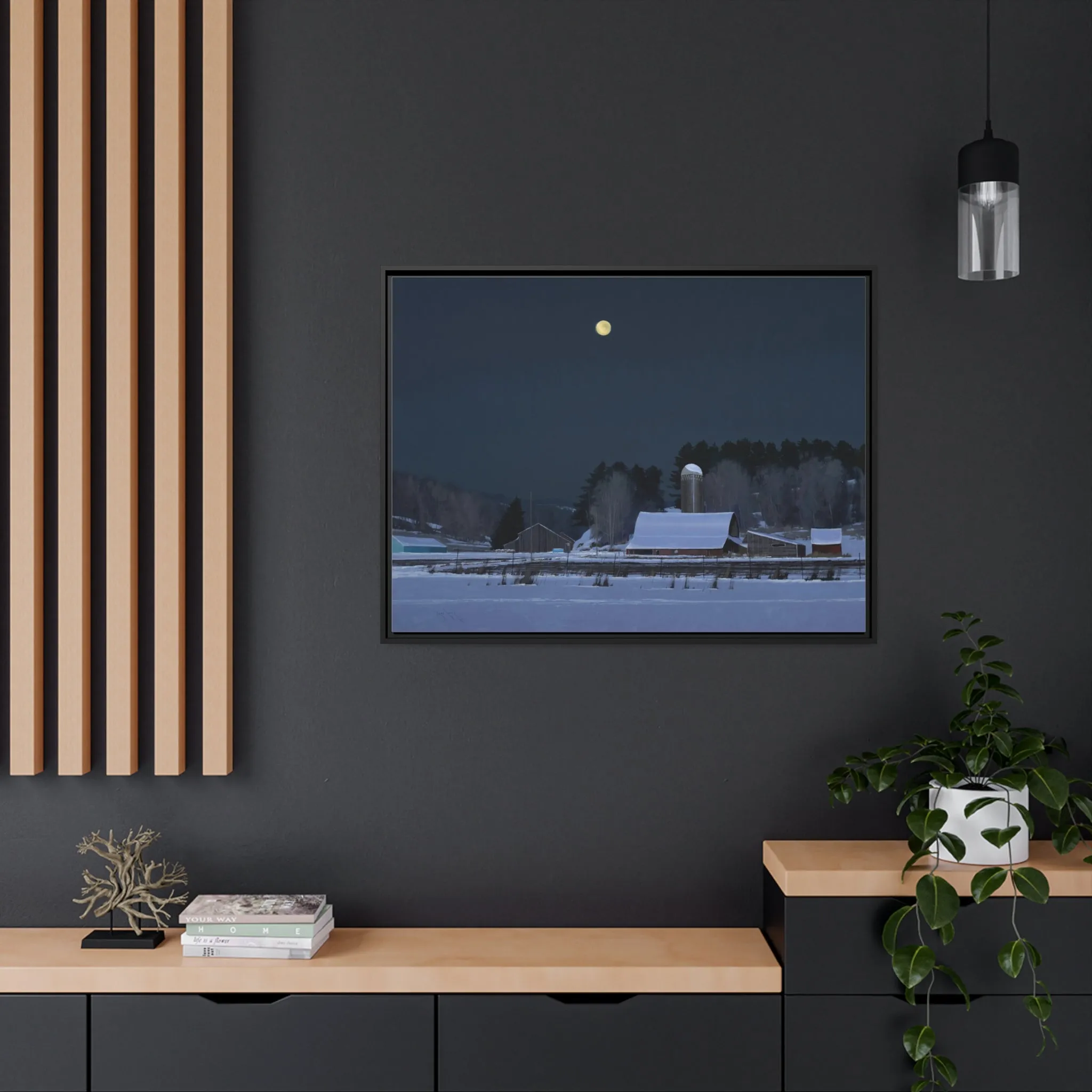Ben Bauer: "Moonset, 7 Minutes to Sun Up" - Framed Canvas Reproduction