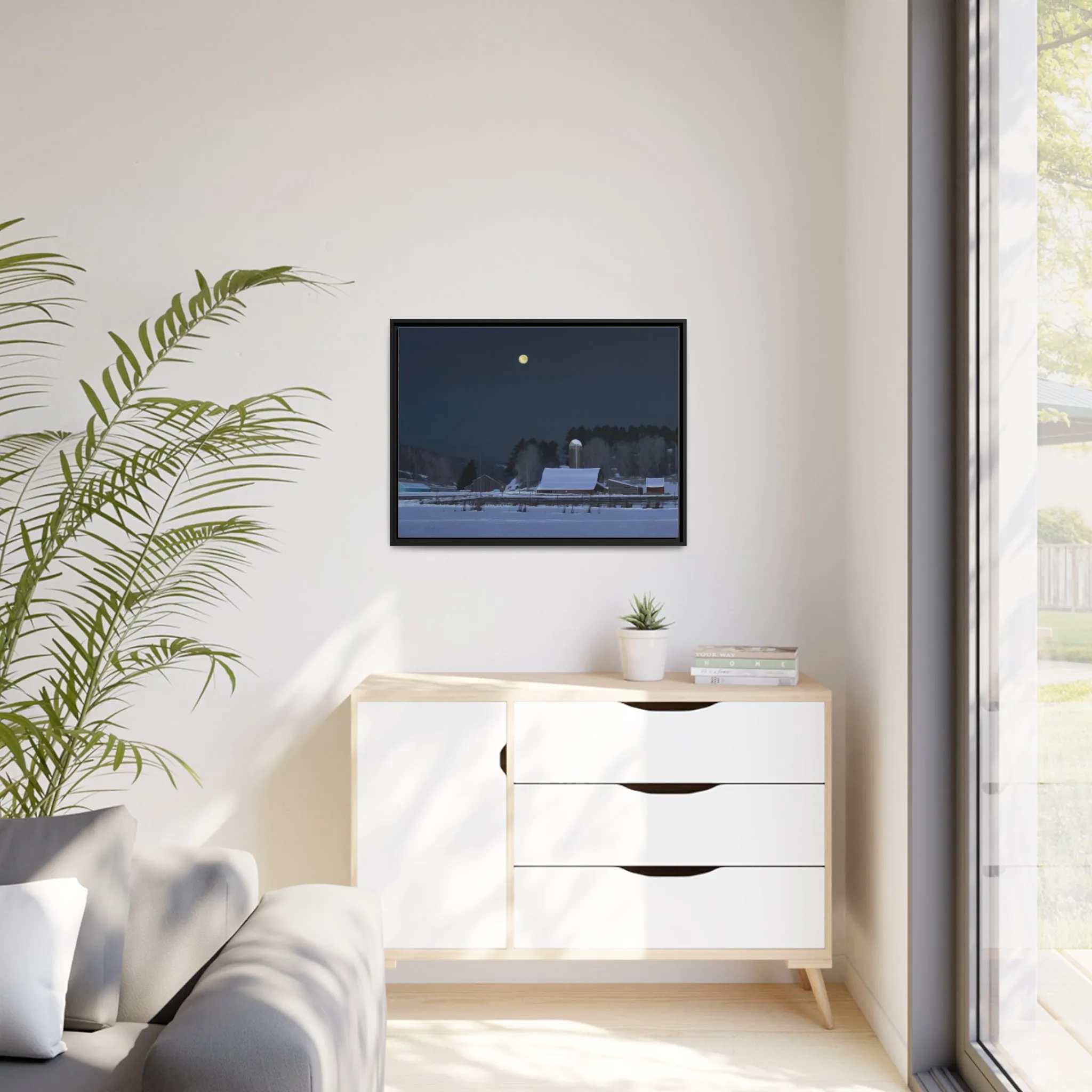 Ben Bauer: "Moonset, 7 Minutes to Sun Up" - Framed Canvas Reproduction