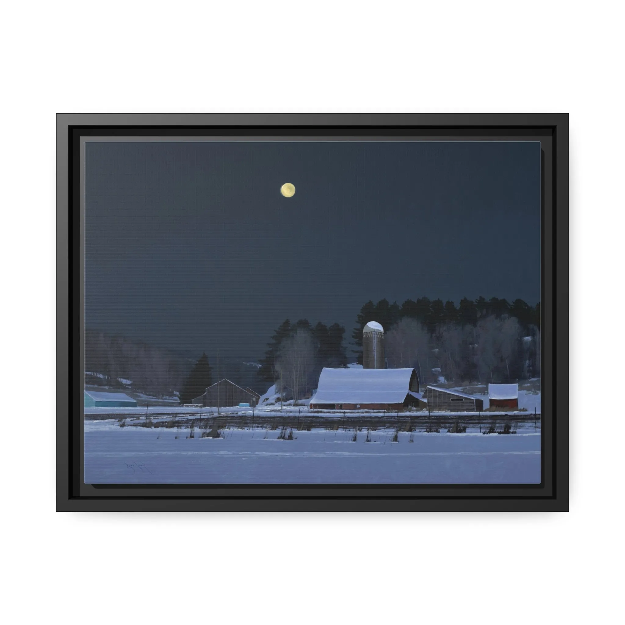 Ben Bauer: "Moonset, 7 Minutes to Sun Up" - Framed Canvas Reproduction