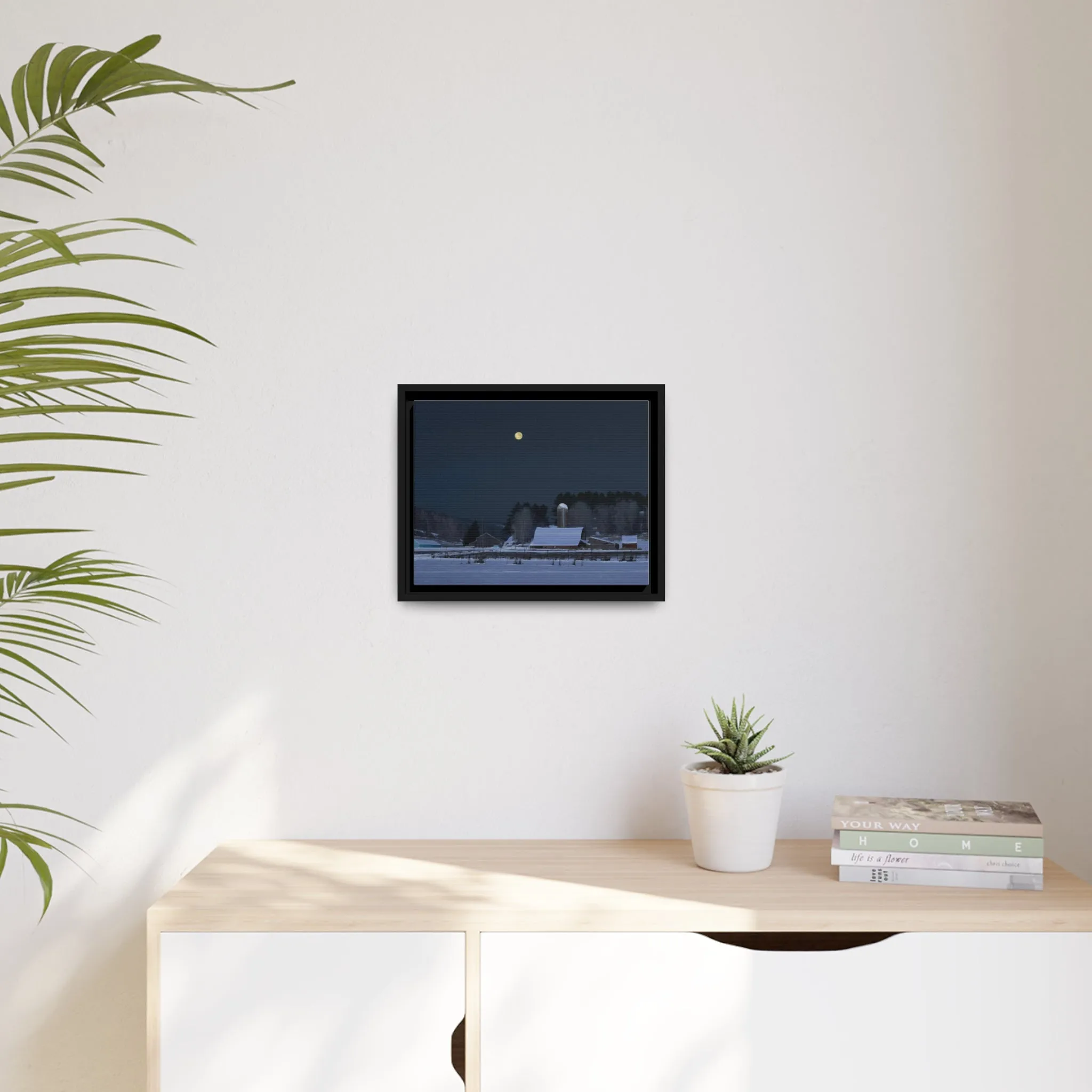 Ben Bauer: "Moonset, 7 Minutes to Sun Up" - Framed Canvas Reproduction