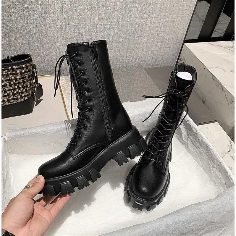 Black   white mid-tube boots PL51177