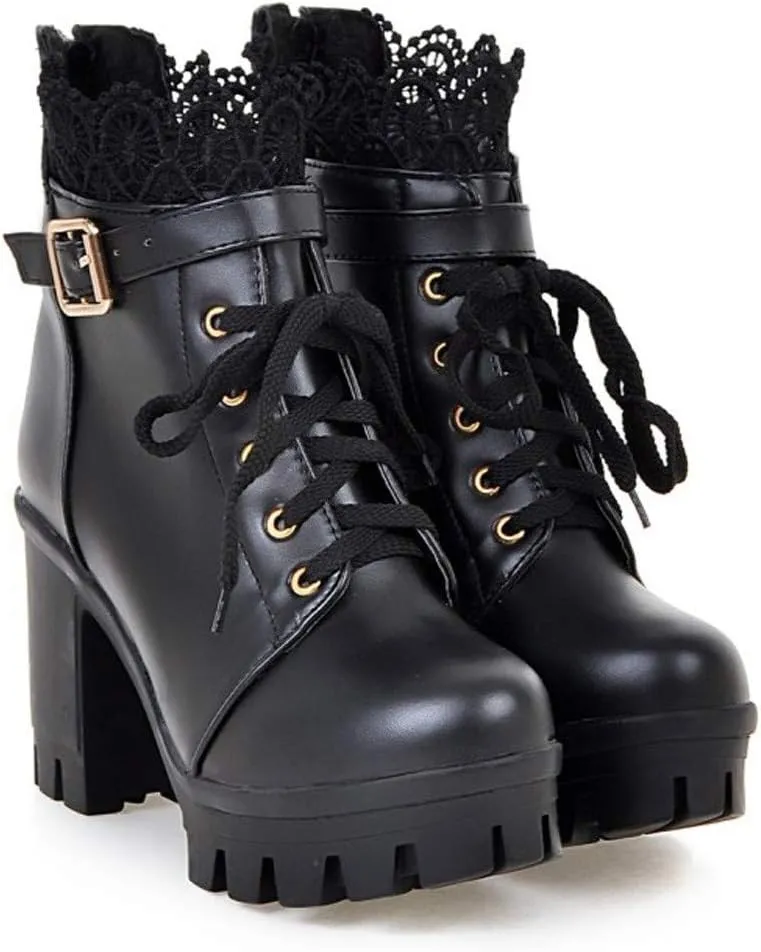 Booties for Women Thick High Heel Lace Up Ankle Boots 2024 Trendy Buckle Zipper Mid Heel Booties for Ladies