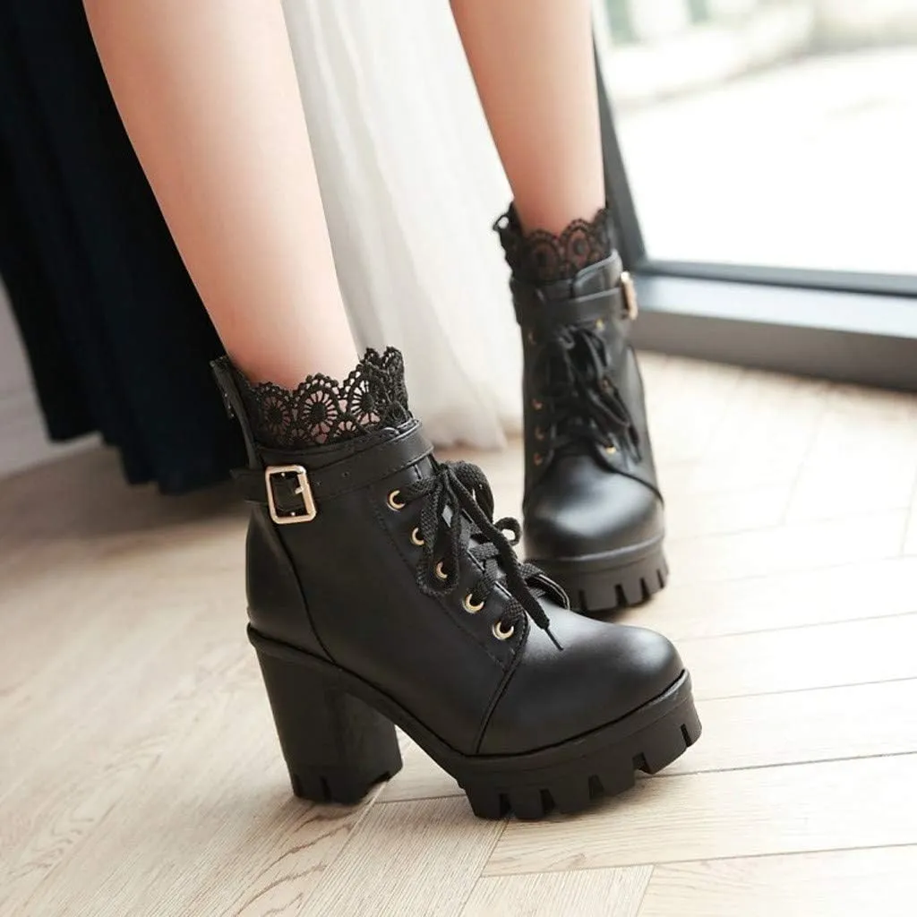 Booties for Women Thick High Heel Lace Up Ankle Boots 2024 Trendy Buckle Zipper Mid Heel Booties for Ladies