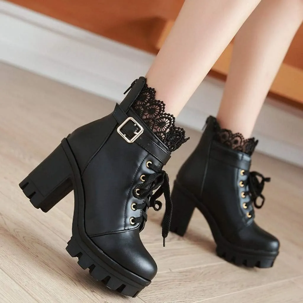 Booties for Women Thick High Heel Lace Up Ankle Boots 2024 Trendy Buckle Zipper Mid Heel Booties for Ladies
