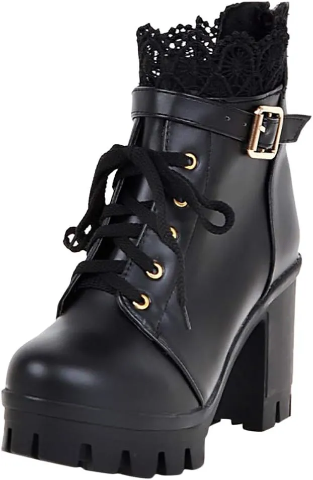 Booties for Women Thick High Heel Lace Up Ankle Boots 2024 Trendy Buckle Zipper Mid Heel Booties for Ladies