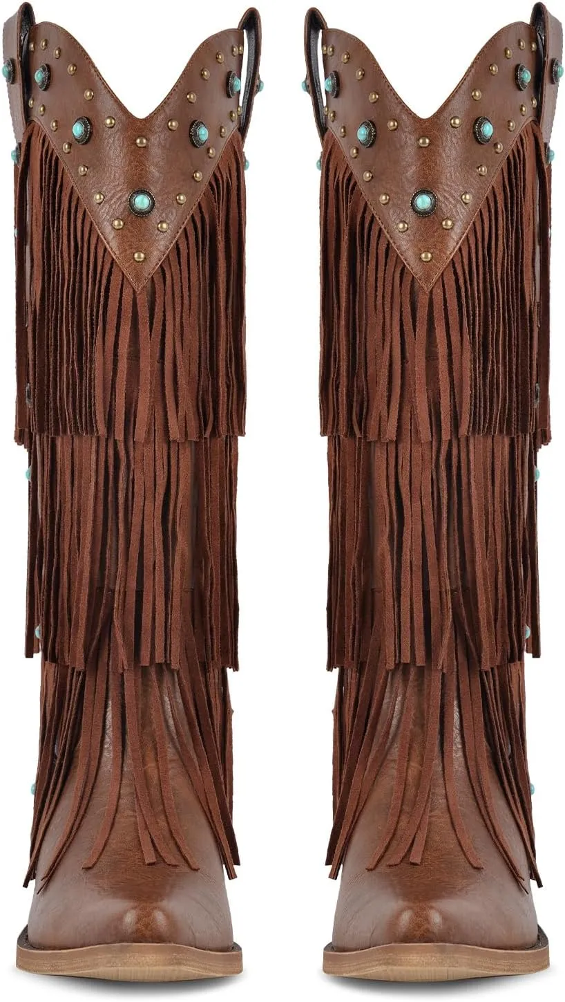 Cowboy Boots for Women Fringe Western Cowgirl Boots Pointed Toe Knee High