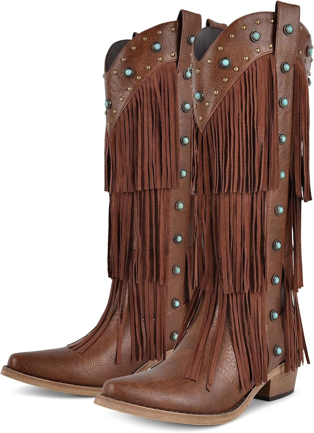 Cowboy Boots for Women Fringe Western Cowgirl Boots Pointed Toe Knee High