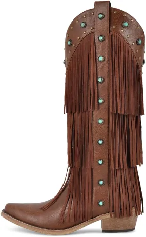 Cowboy Boots for Women Fringe Western Cowgirl Boots Pointed Toe Knee High