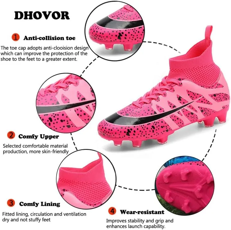 DHOVOR Boys Girls High-Top Soccer Cleats Youth Football Cleats Lightweight Indoor Soccer Shoes for Kids Indoor/Outdoor/Competition/Unisex