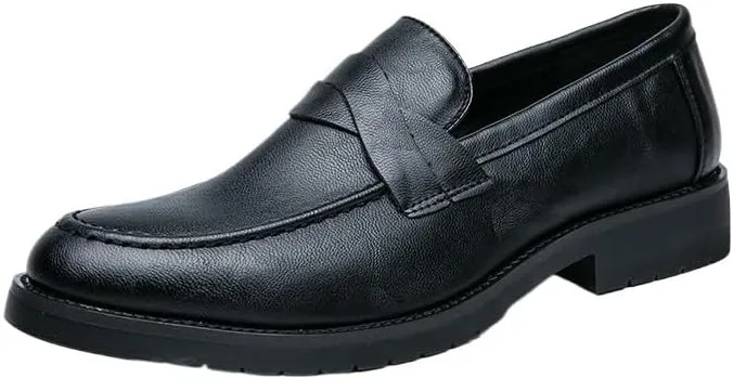 Dress Oxford Shoes for Men's Calfskin Leather Casual Slip-on Breathable Non Slip Block Heel Casual Loafers