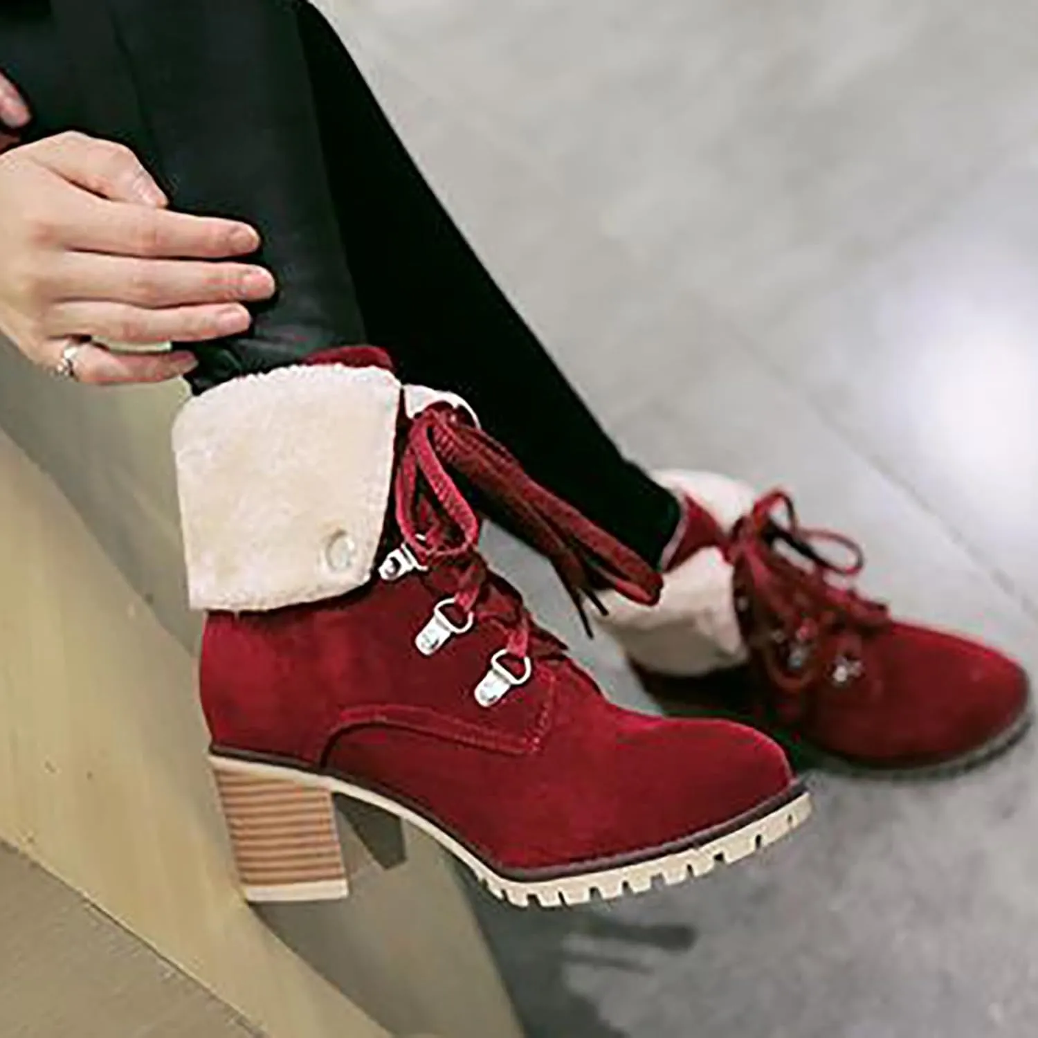 High Heel Boots For Women Non Slip Ankle Boots For Women Lace Up Dress Boots Round Toe Square Heel Mid Calf Boots