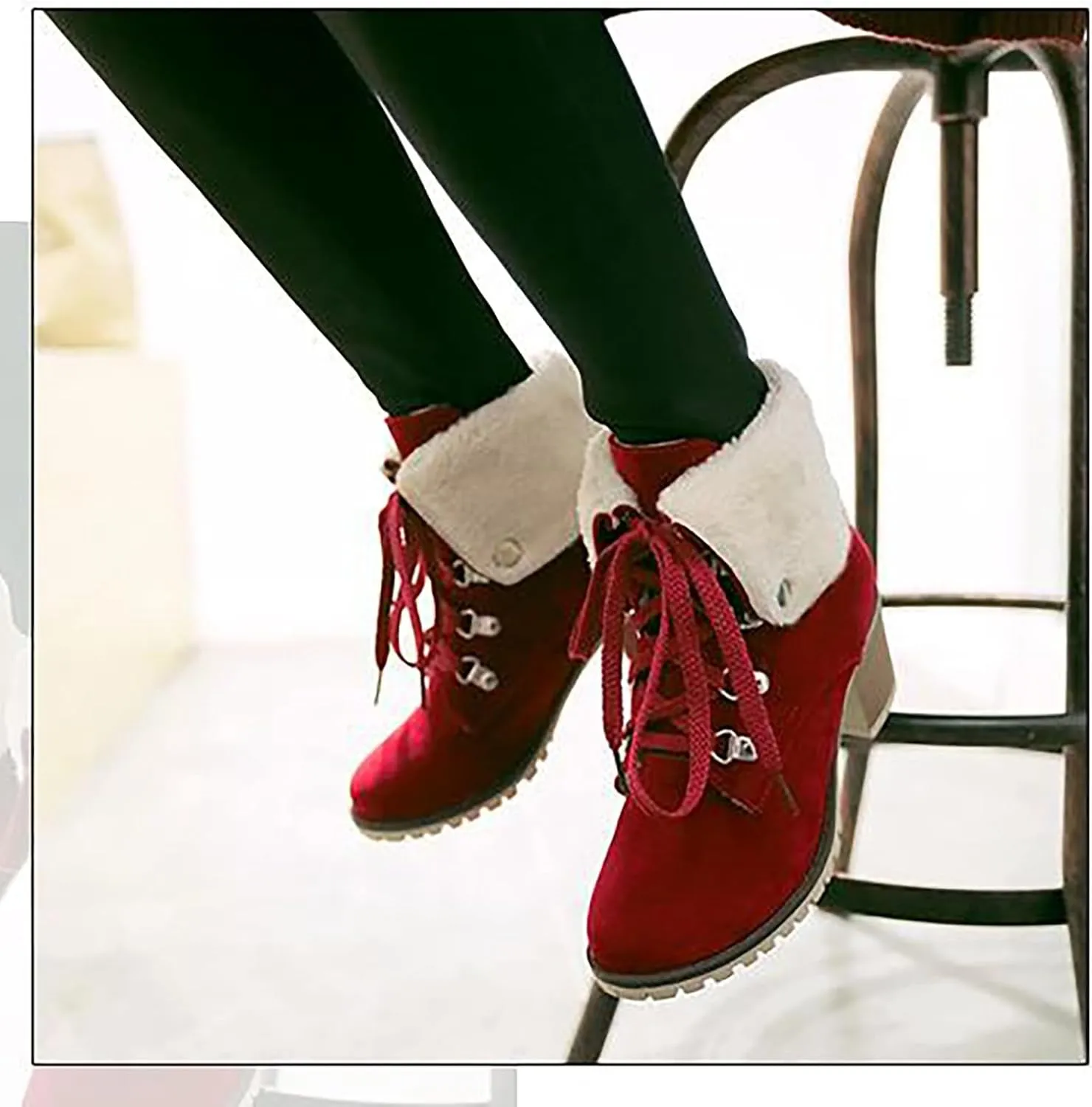 High Heel Boots For Women Non Slip Ankle Boots For Women Lace Up Dress Boots Round Toe Square Heel Mid Calf Boots