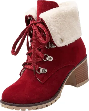 High Heel Boots For Women Non Slip Ankle Boots For Women Lace Up Dress Boots Round Toe Square Heel Mid Calf Boots
