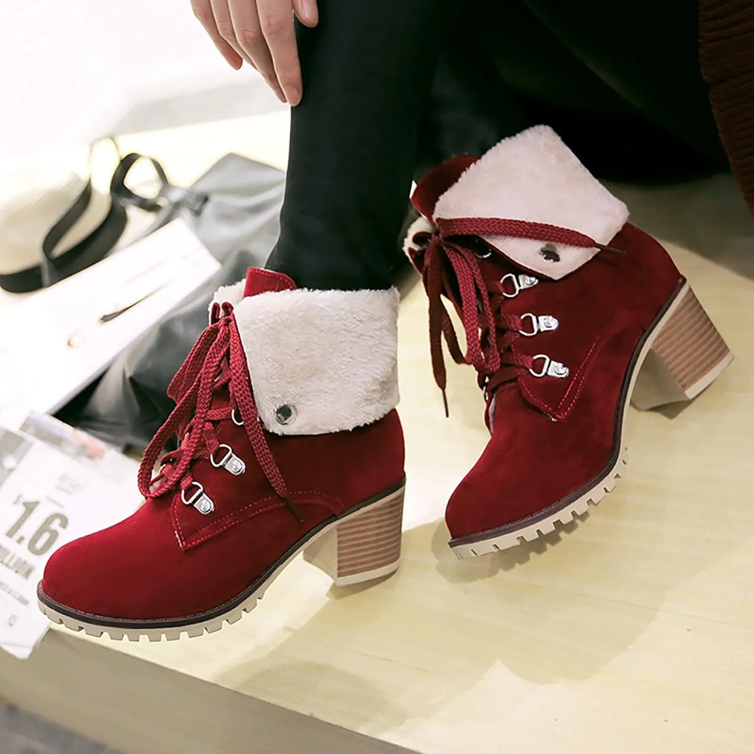 High Heel Boots For Women Non Slip Ankle Boots For Women Lace Up Dress Boots Round Toe Square Heel Mid Calf Boots