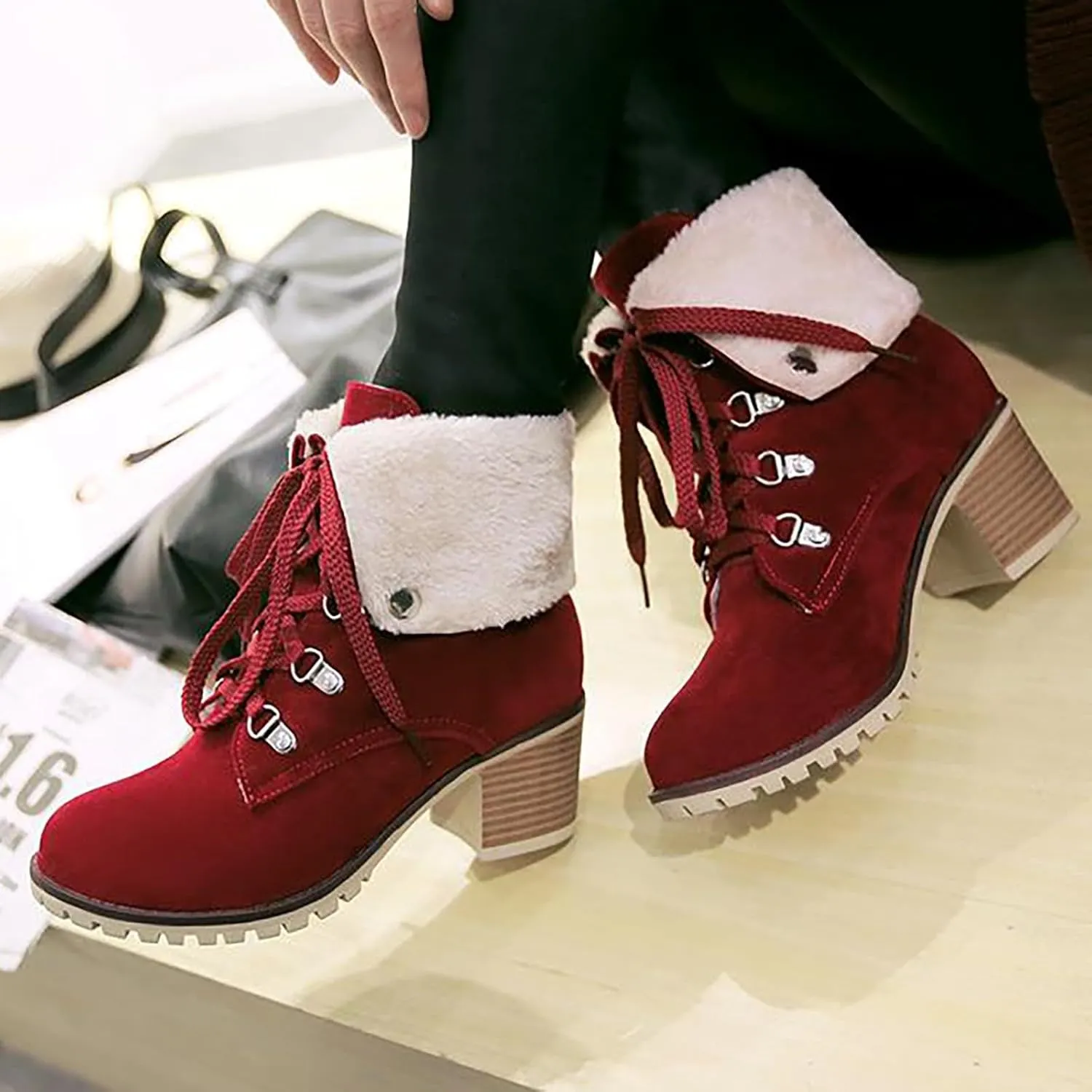 High Heel Boots For Women Non Slip Ankle Boots For Women Lace Up Dress Boots Round Toe Square Heel Mid Calf Boots
