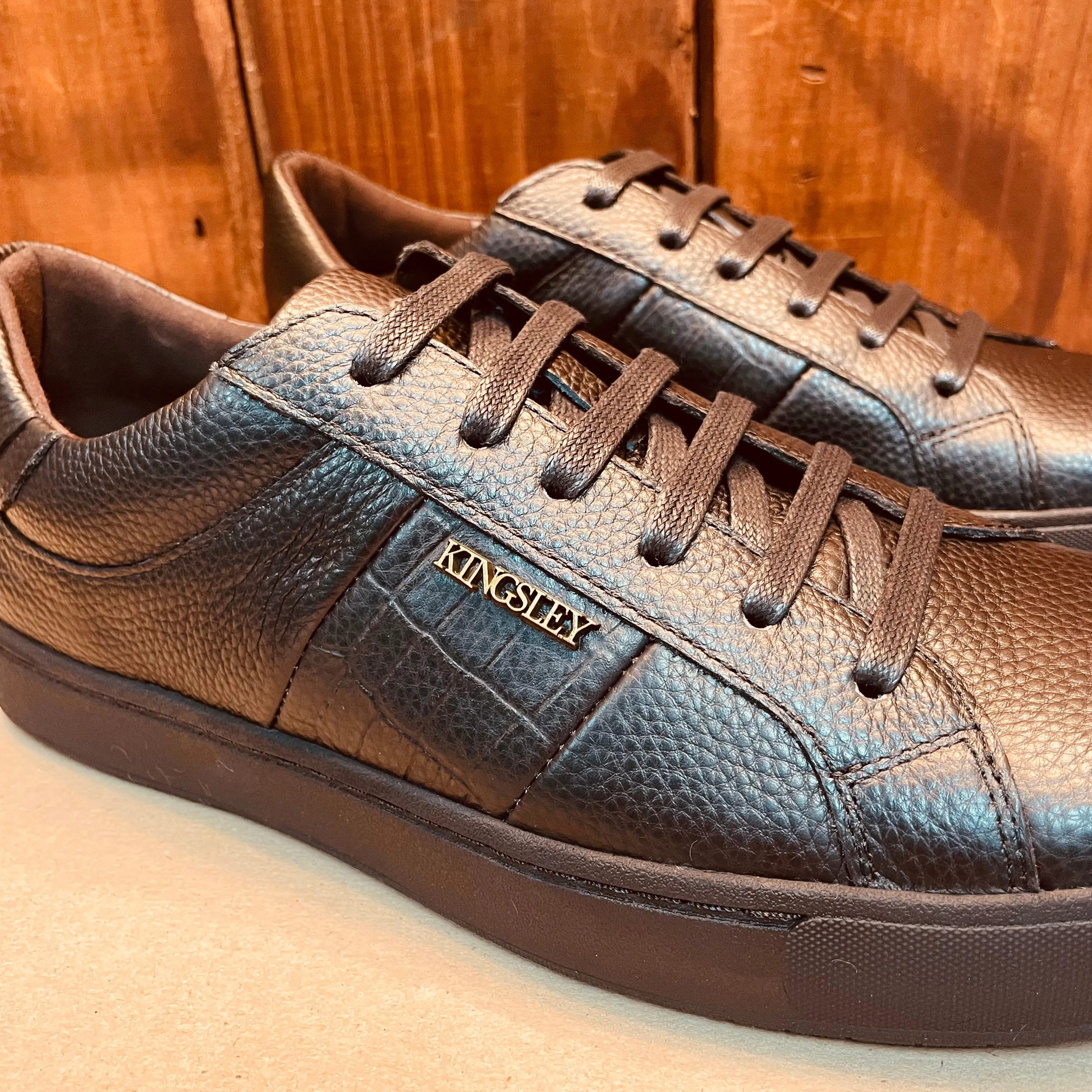 Kingsley Heath Mens Black Sneaker with Brass Crocodile Inset