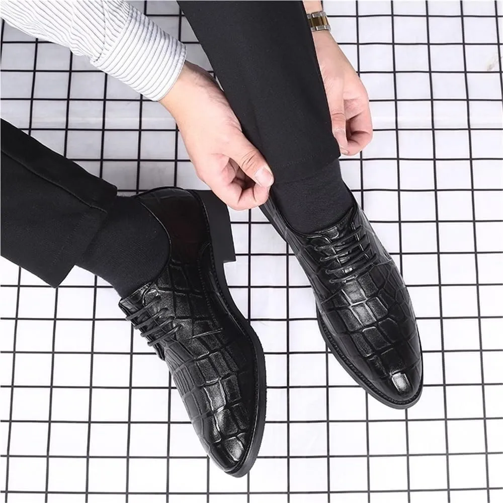 Men Oxford Dress Shoes Leather Pointed Toe Classic Brogue Lace Up Business Formal Wedding Comfortable Tuxedo Genuine Leather