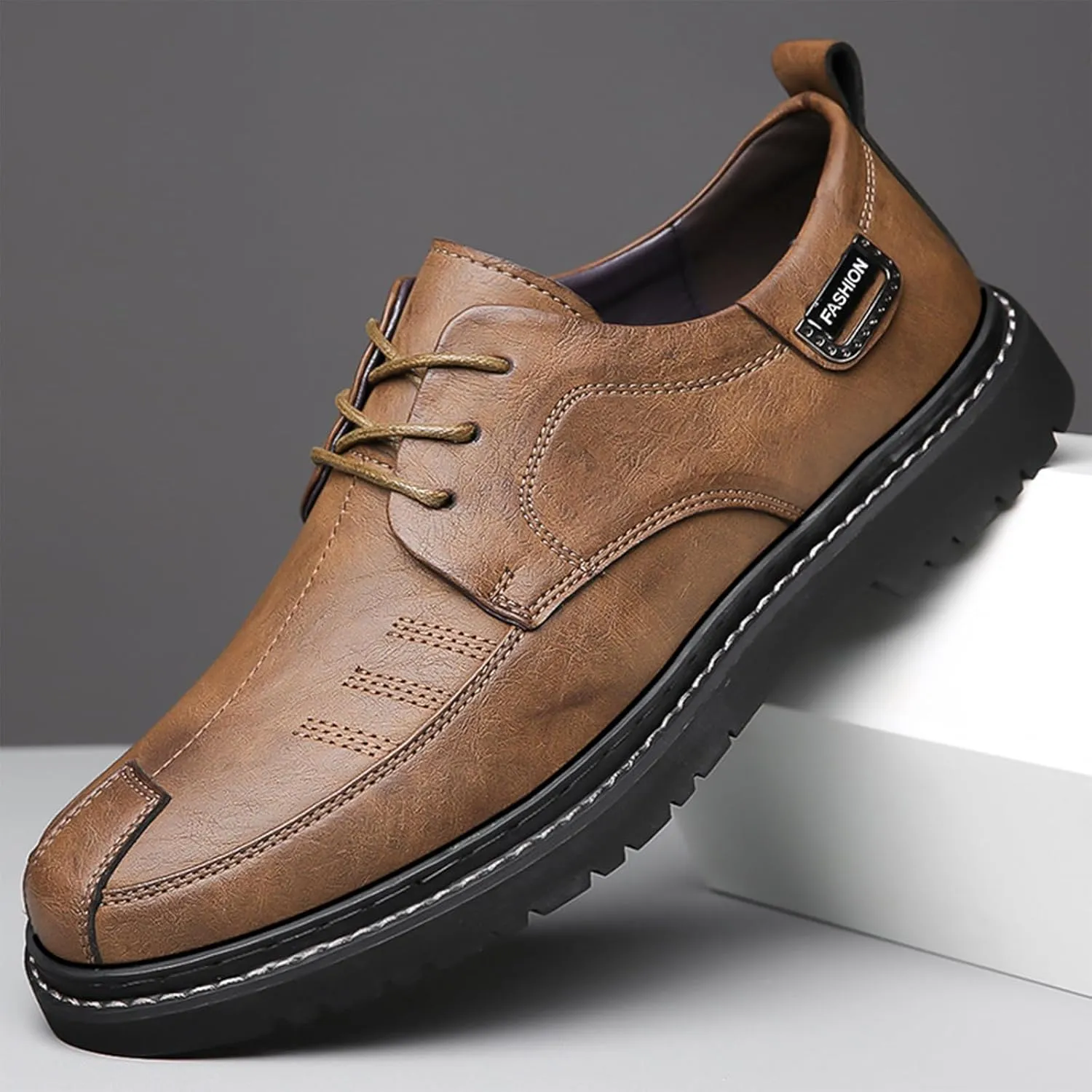 Mens Leather Casual Business Oxford Shoes Lace-Up Flat Dress Shoes Breathable Comfort Soft Sole Walking Loafers