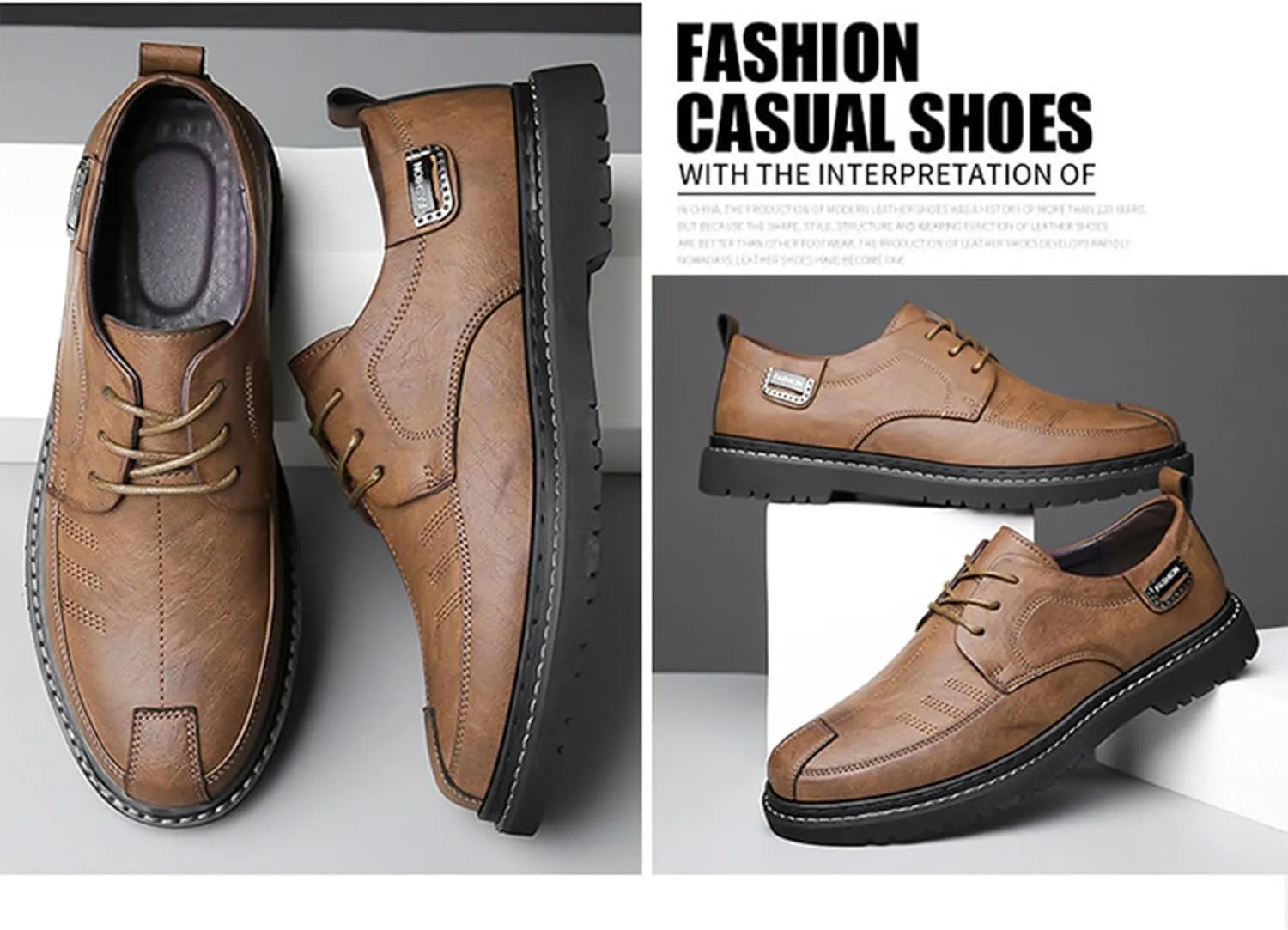 Mens Leather Casual Business Oxford Shoes Lace-Up Flat Dress Shoes Breathable Comfort Soft Sole Walking Loafers