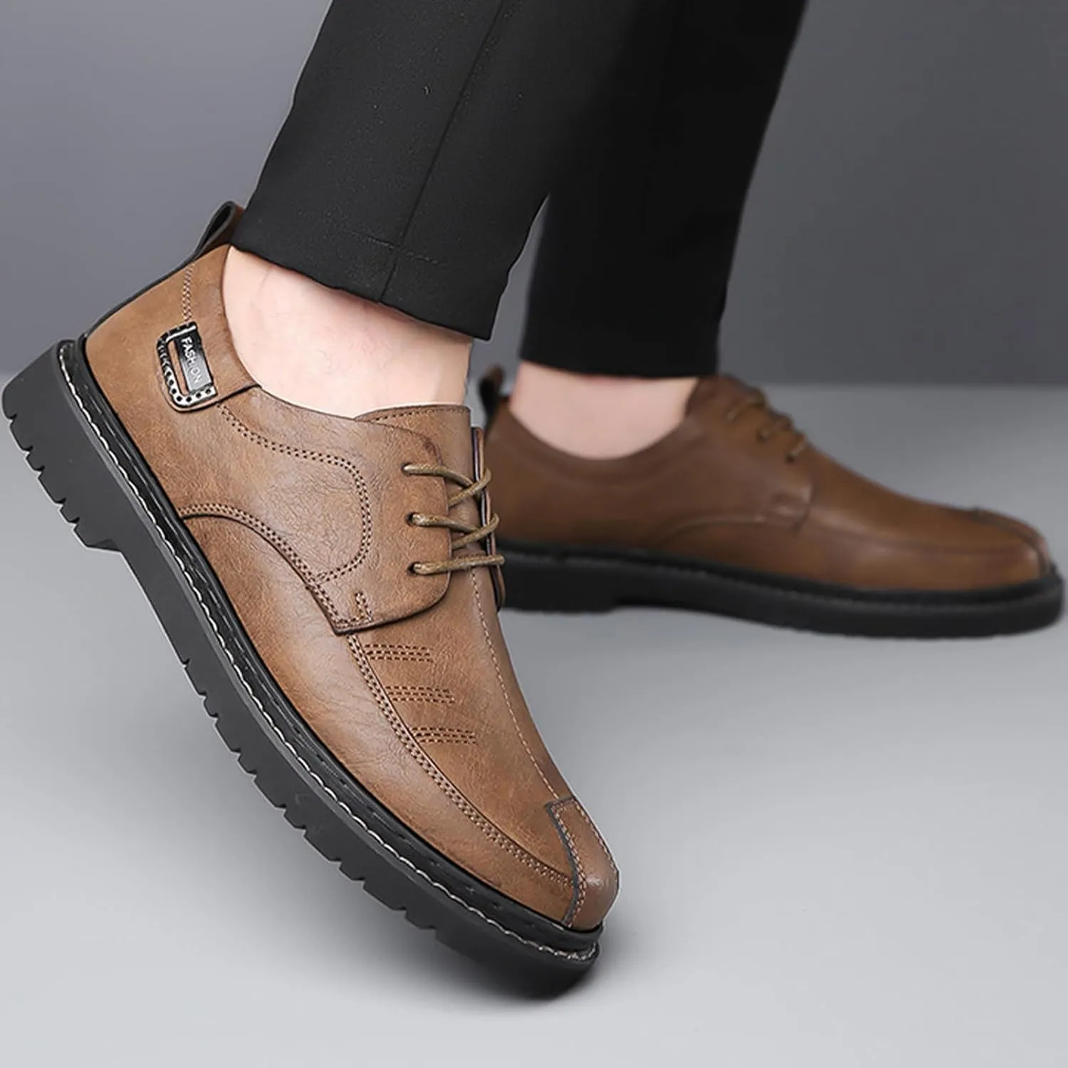 Mens Leather Casual Business Oxford Shoes Lace-Up Flat Dress Shoes Breathable Comfort Soft Sole Walking Loafers