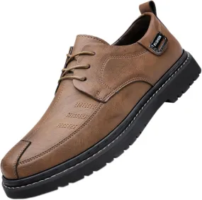 Mens Leather Casual Business Oxford Shoes Lace-Up Flat Dress Shoes Breathable Comfort Soft Sole Walking Loafers
