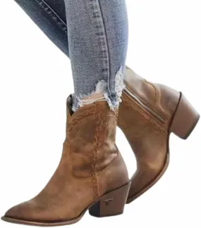 OMEARK Cowgirl Cowboy Boots for Women, Vintage Square Toe Faux PU Mid Calf Ankle Boots, Winter Short Boots Chunky Block Mid Heel Chelsea Western Booties Shoes