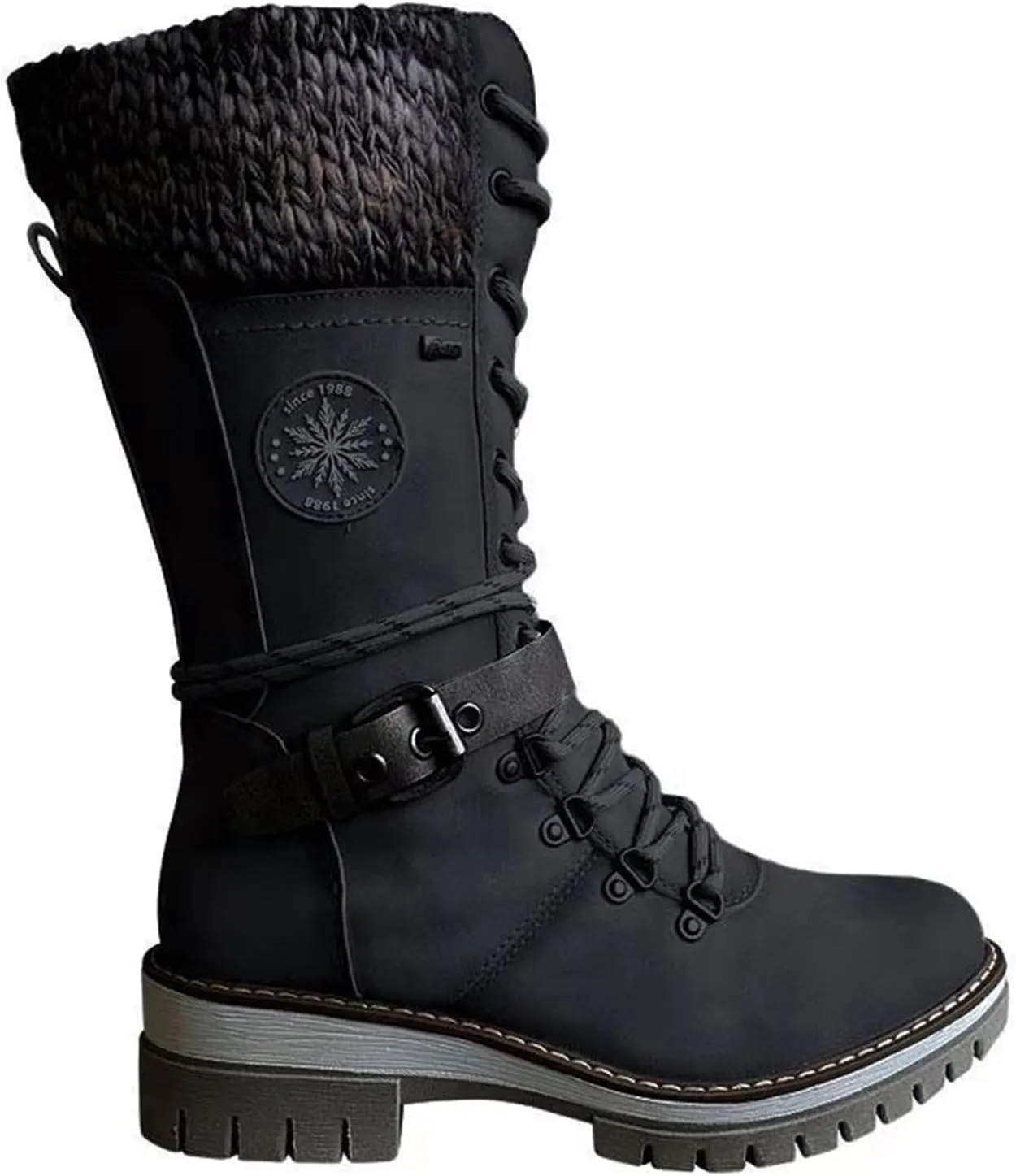 Round Head Women's Western Boots Wool Ankle Buckle Strap Fashion Casual Snow Boots Lace Up Zip Mid Calf Booties Platform Chunky Heel Mid Tube Booties Shoes