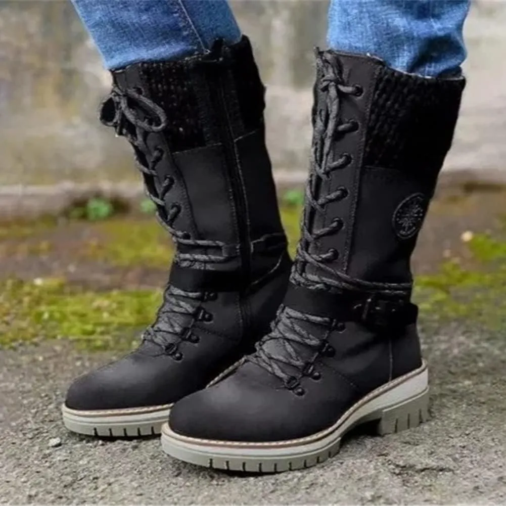 Round Head Women's Western Boots Wool Ankle Buckle Strap Fashion Casual Snow Boots Lace Up Zip Mid Calf Booties Platform Chunky Heel Mid Tube Booties Shoes