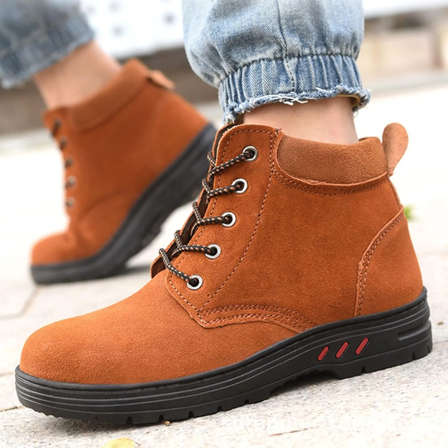 Safety Shoes Men Womens Steel Toe Cap Trainers Mens Womens Lightweight Breathable Safety Industrial Work Sneaker Anti-Smashing Anti-Puncture (Color : Brown, Size : 5 US)