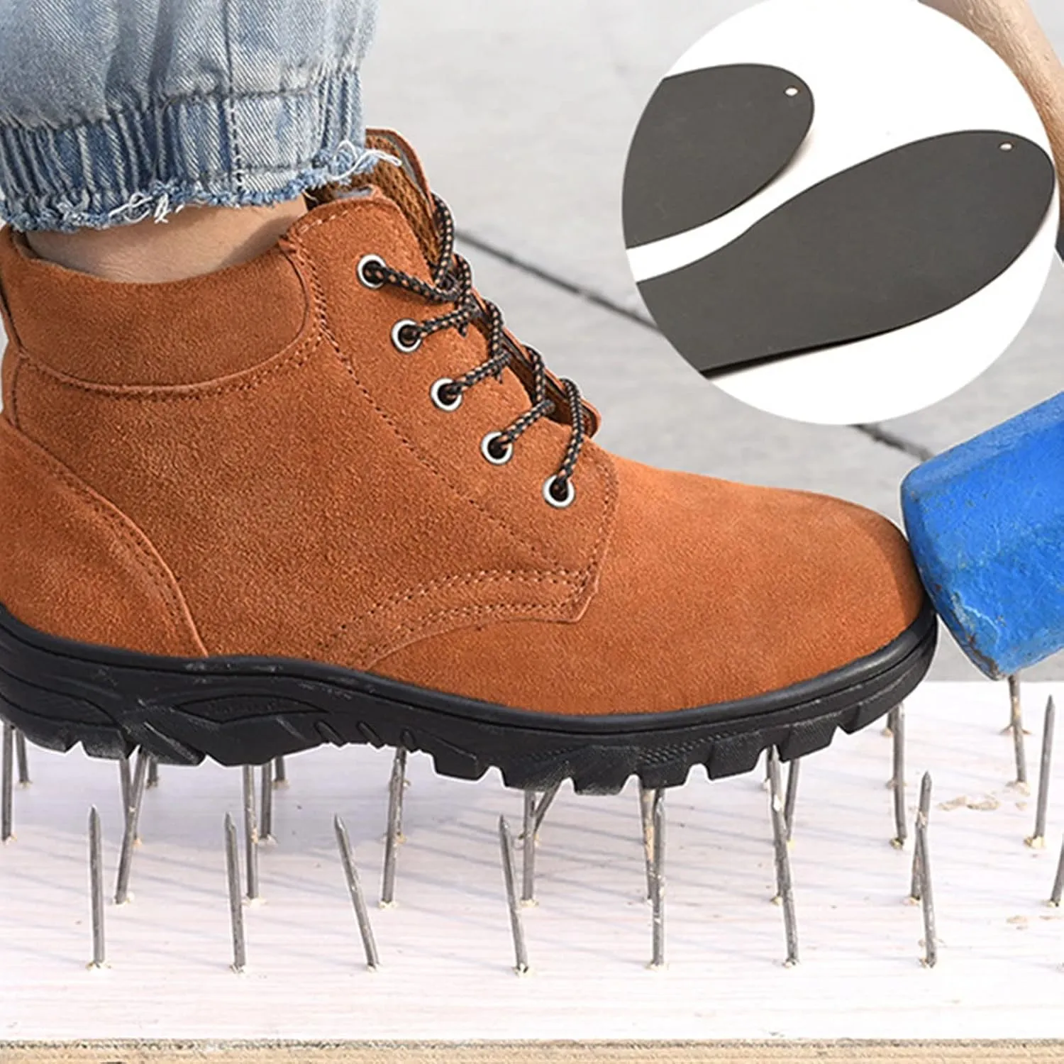 Safety Shoes Men Womens Steel Toe Cap Trainers Mens Womens Lightweight Breathable Safety Industrial Work Sneaker Anti-Smashing Anti-Puncture (Color : Brown, Size : 5 US)