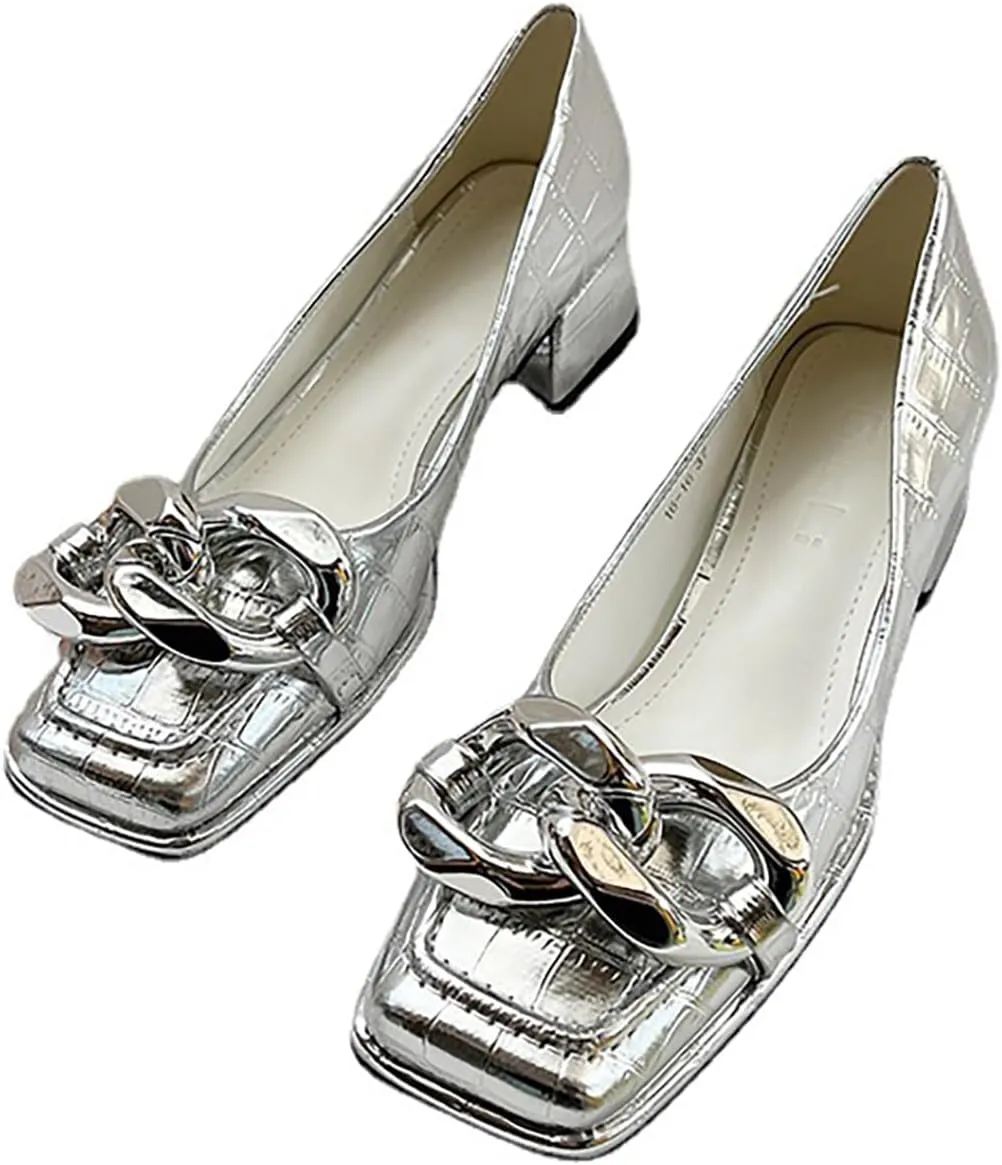 Women's Leather Chain Slip-On Low Block Heel Pumps Comfortable Closed Square Toe Chunky Heels Dress Loafers Casual Dressy Business Office Work Shoes