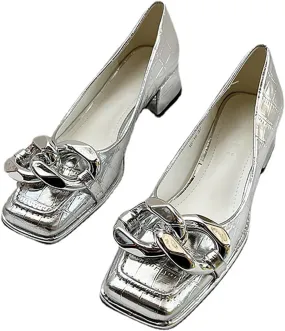 Women's Leather Chain Slip-On Low Block Heel Pumps Comfortable Closed Square Toe Chunky Heels Dress Loafers Casual Dressy Business Office Work Shoes