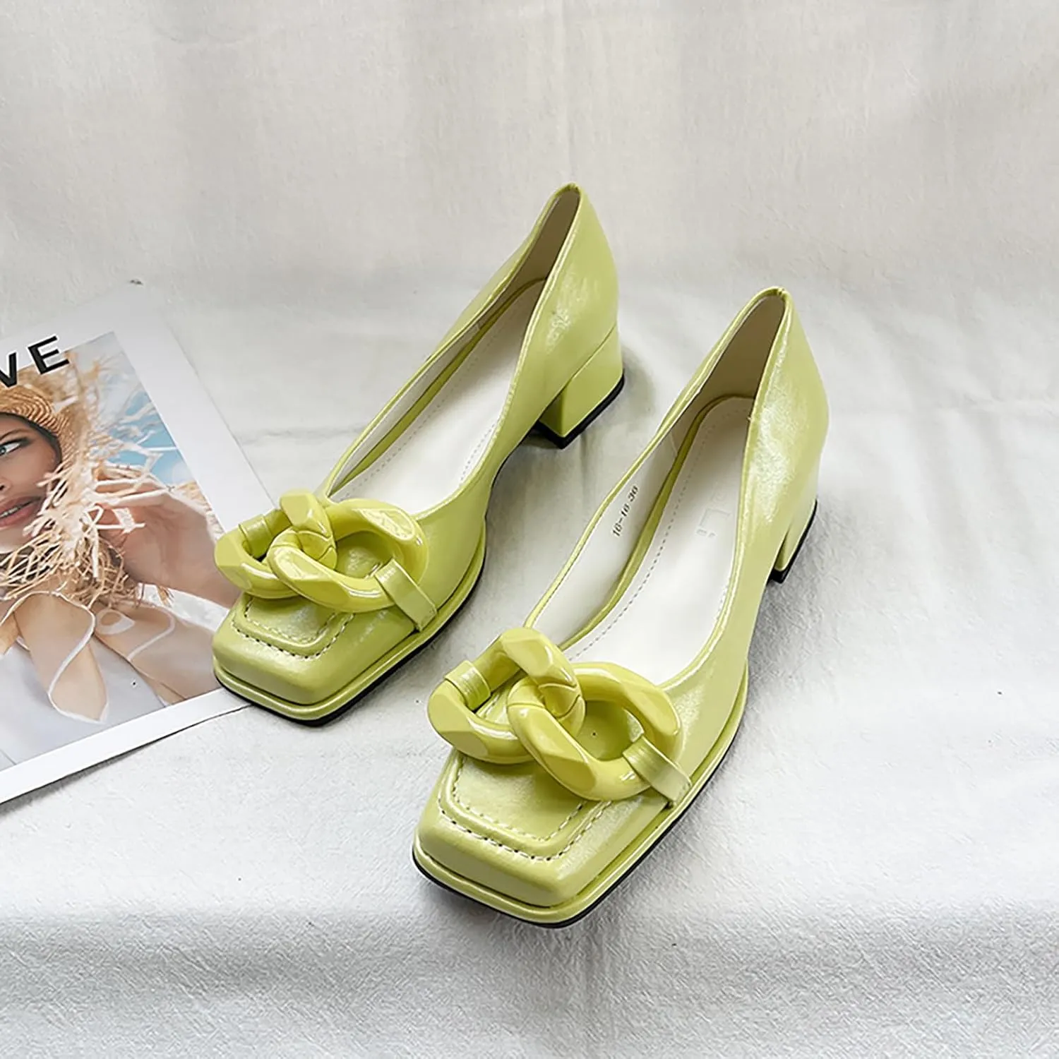 Women's Leather Chain Slip-On Low Block Heel Pumps Comfortable Closed Square Toe Chunky Heels Dress Loafers Casual Dressy Business Office Work Shoes