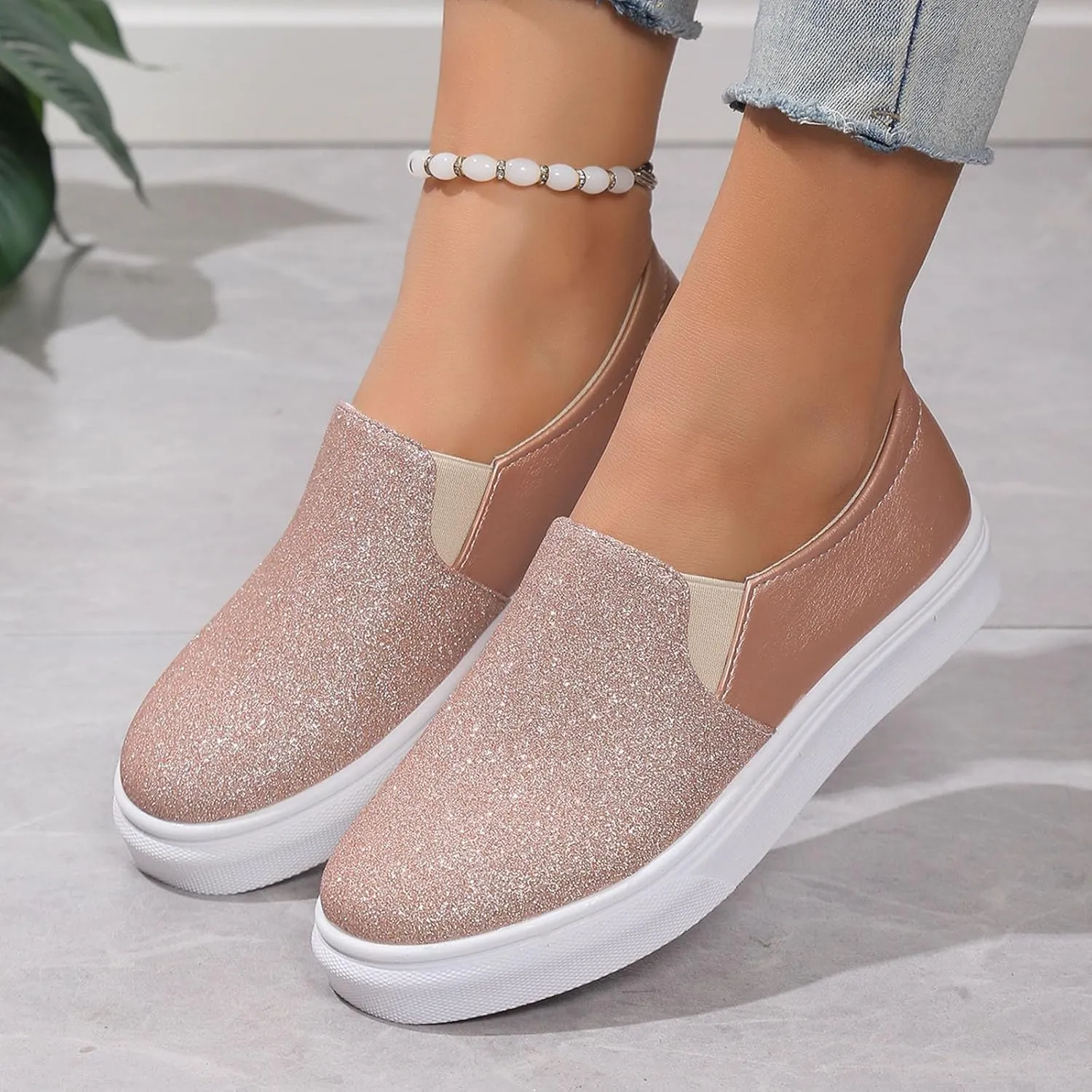 Women's Slip On Walking Shoes Flat Bottom Sequins Canvas Shoes Arch Support Orthopedic Low Top Loafer Shoes