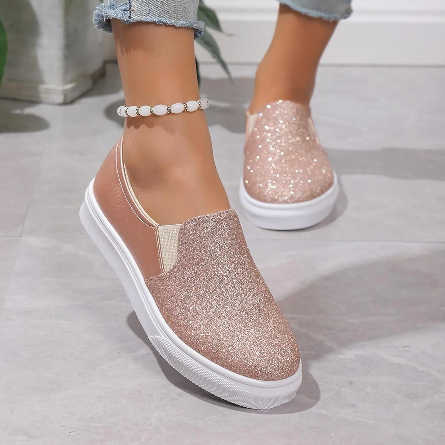 Women's Slip On Walking Shoes Flat Bottom Sequins Canvas Shoes Arch Support Orthopedic Low Top Loafer Shoes