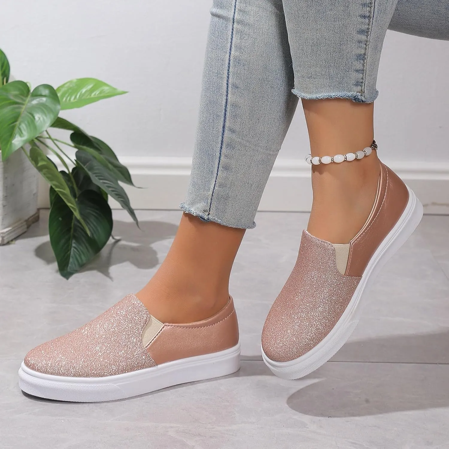 Women's Slip On Walking Shoes Flat Bottom Sequins Canvas Shoes Arch Support Orthopedic Low Top Loafer Shoes